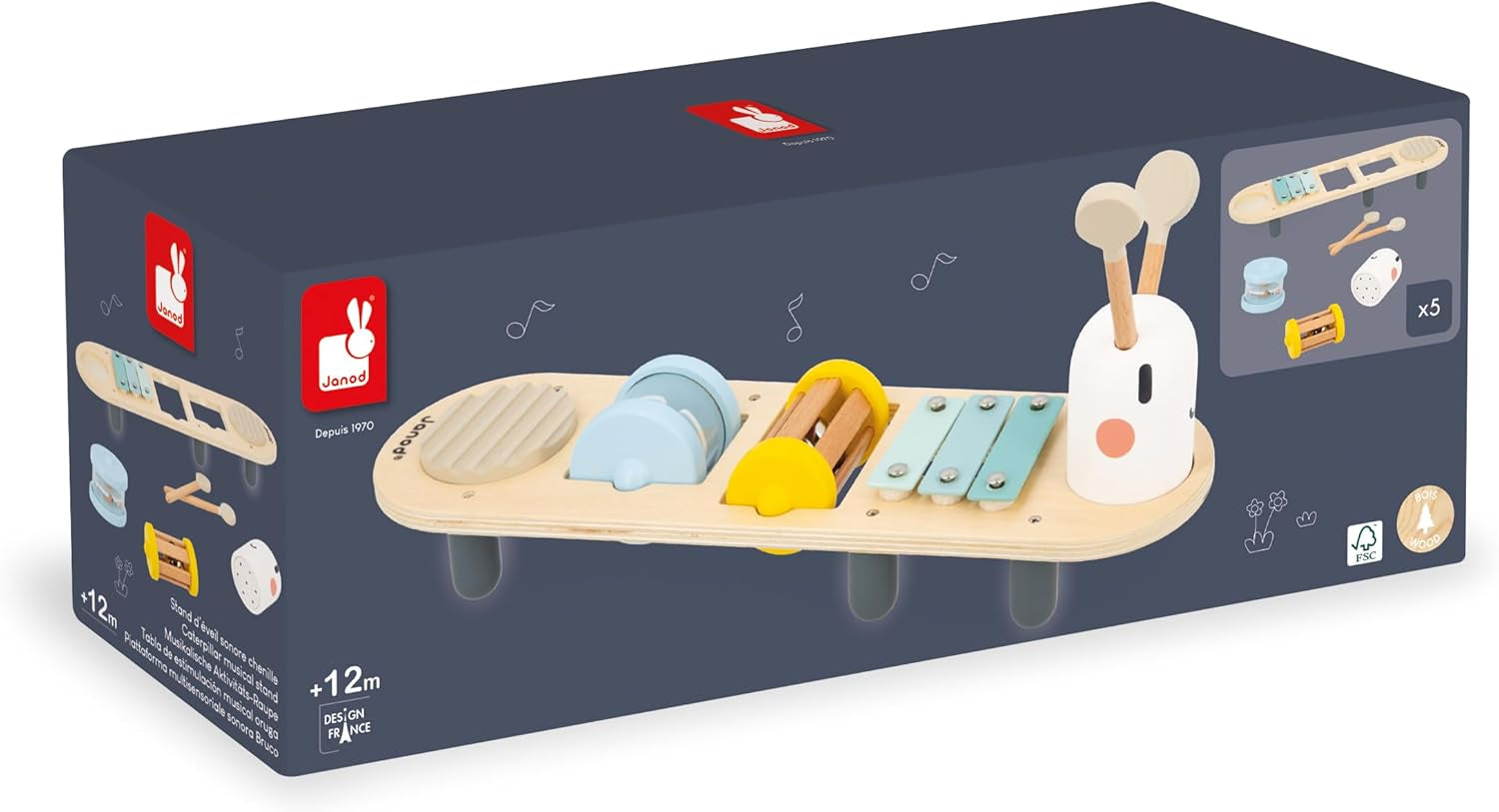 Janod - Sweet Cocoon muzikale nummers - 5 muzikale activiteiten voor kinderen - Vroege muzikale educatie - FSC houten speelgoed - Vanaf 12 maanden, J04058 Baby Toys Naty Shop