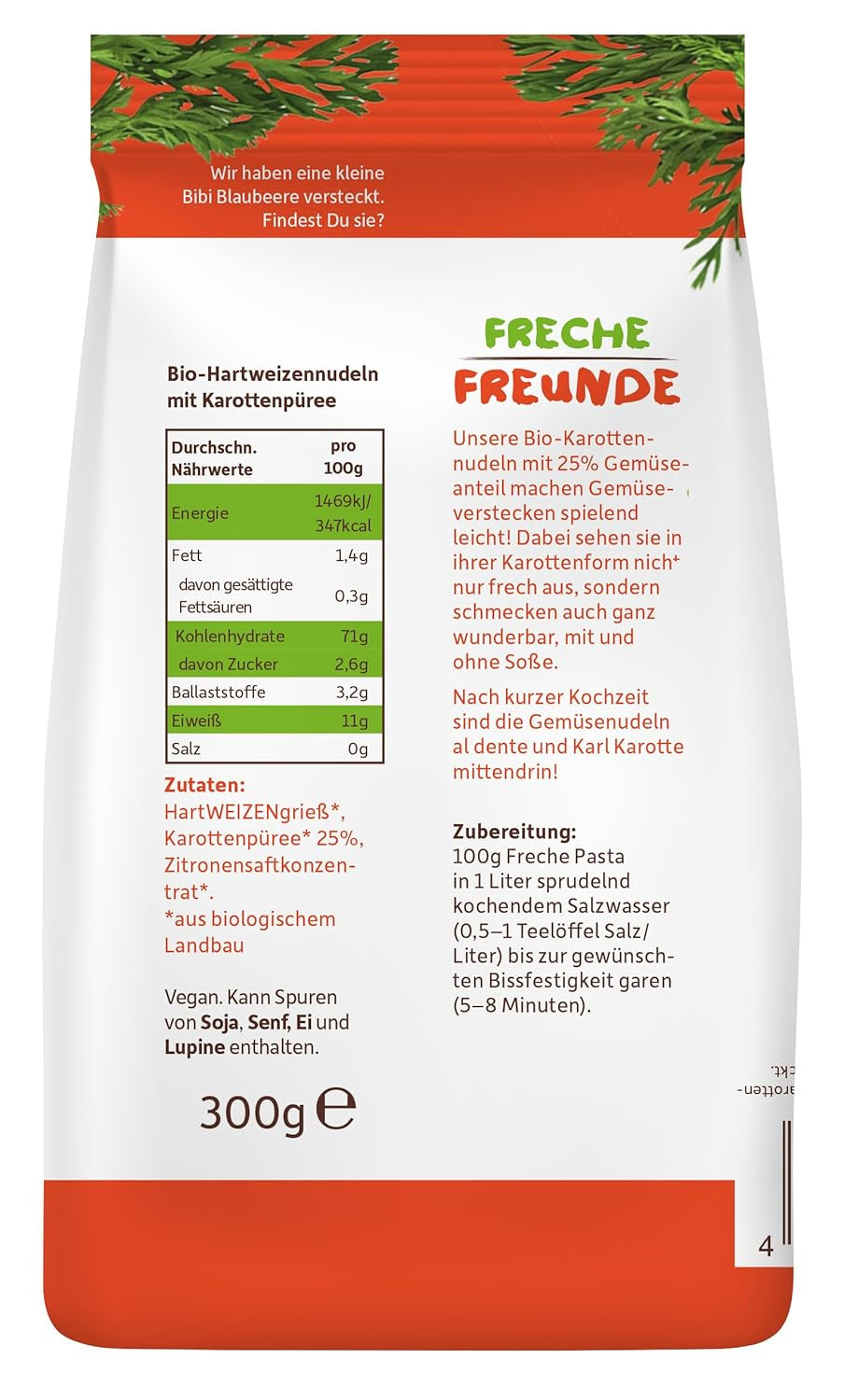 Freche Freunde Biologische Groentennoedels 'Wortel' 25% Plantaardig Inhoud Veganistisch 6 Pack (6 x 300g)
