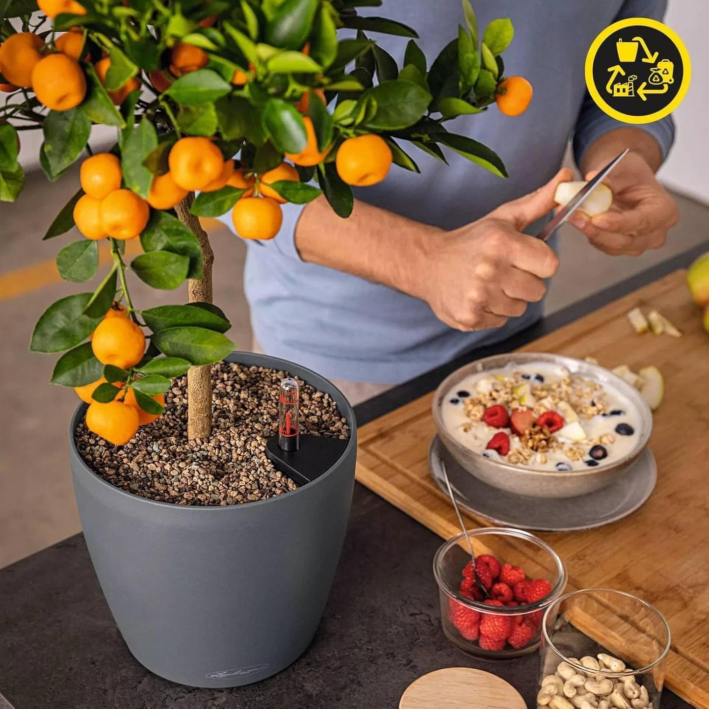 Plantenbak LECHUZA Classico Kleur ECO 60 Donkergrijs | Plantenbak met bewateringssysteem en waterniveau-indicator | Gemaakt van 100% gerecycled plastic | Matte afwerking | Ø 60 x 55,5cm | 18955