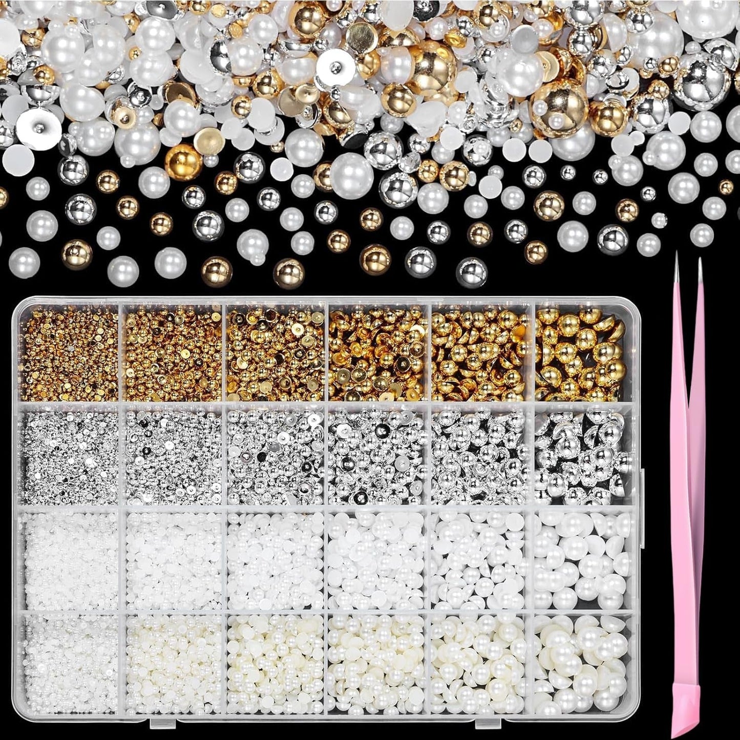 GZMAYUEN 920 Stuks Goud Zilver Plaksteen Perlen Voor Nagel, Halbrunde Weiße Beige Nagel Perlen, Kleine Halbrunde Plaksteen Perlen Voor DIY Nail Art Decor