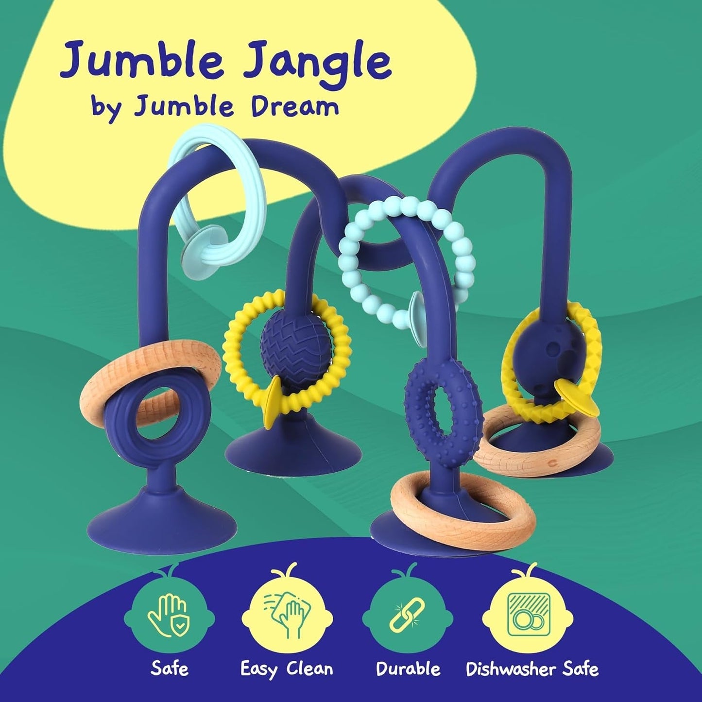 JUMBLE JANGLE Babybijtring: Babybijtspeeltje 3-24 maanden | Set van 7 BPA-vrije kauwspeeltjes | Verkoelende siliconen bijtring | Peuterspeelgoed met zuignap voor kinderstoel, tafel en badkuip