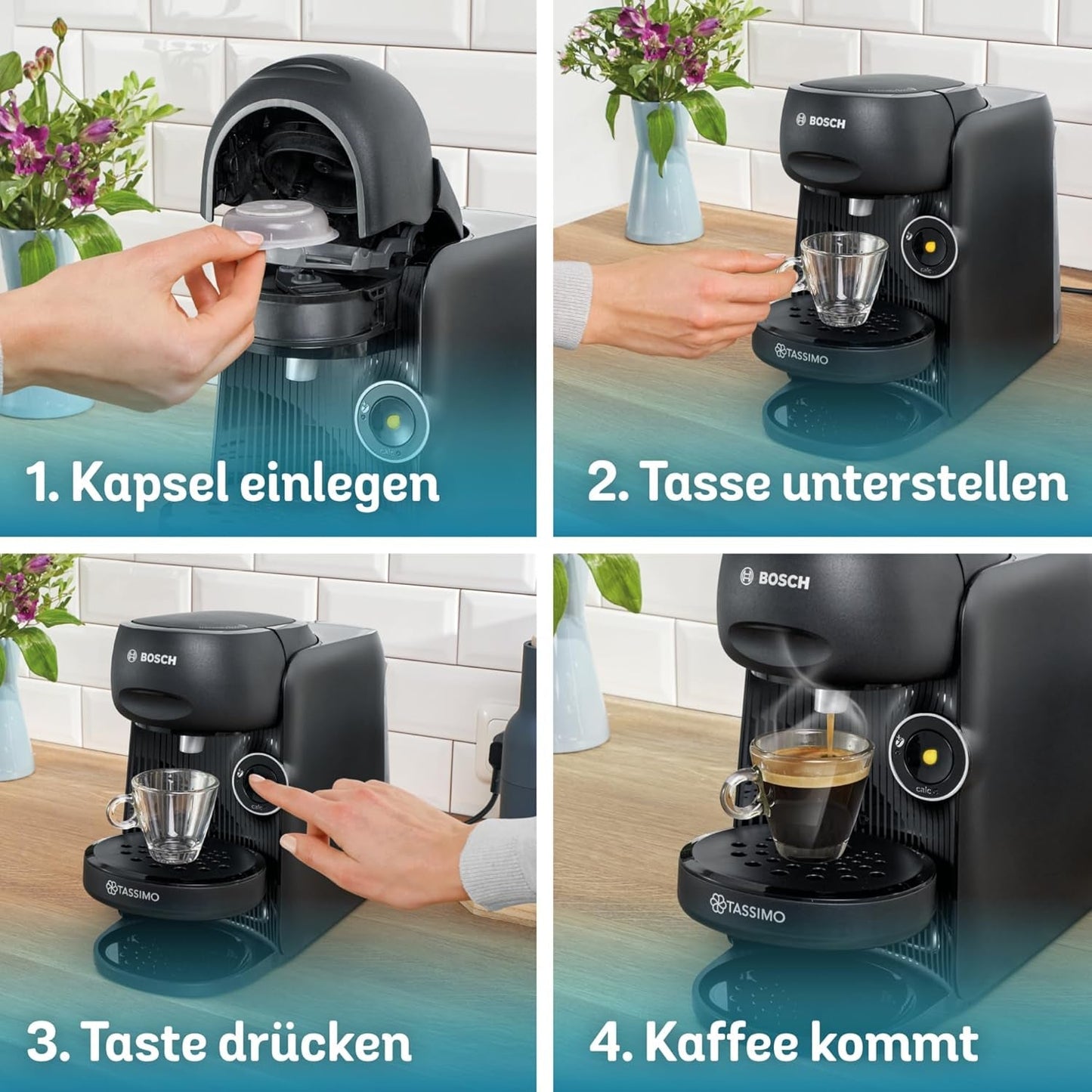 Bosch Tassimo finesse TAS162E capsule-espressomachine, 70 dranken, intensere koffie met één druk op de knop, automatische uitschakeling, duurzaam, perfecte dosering, 1400 W, zwart/zwart