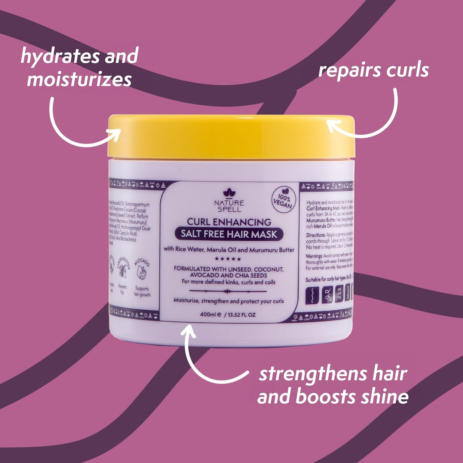 Haarmasker voor krullend haar by Nature Spell 400ml - Verrijkt met rijstwater en lijnzaad, voor alle krultypes, sulfaatvrij Naty Shop haarmasker