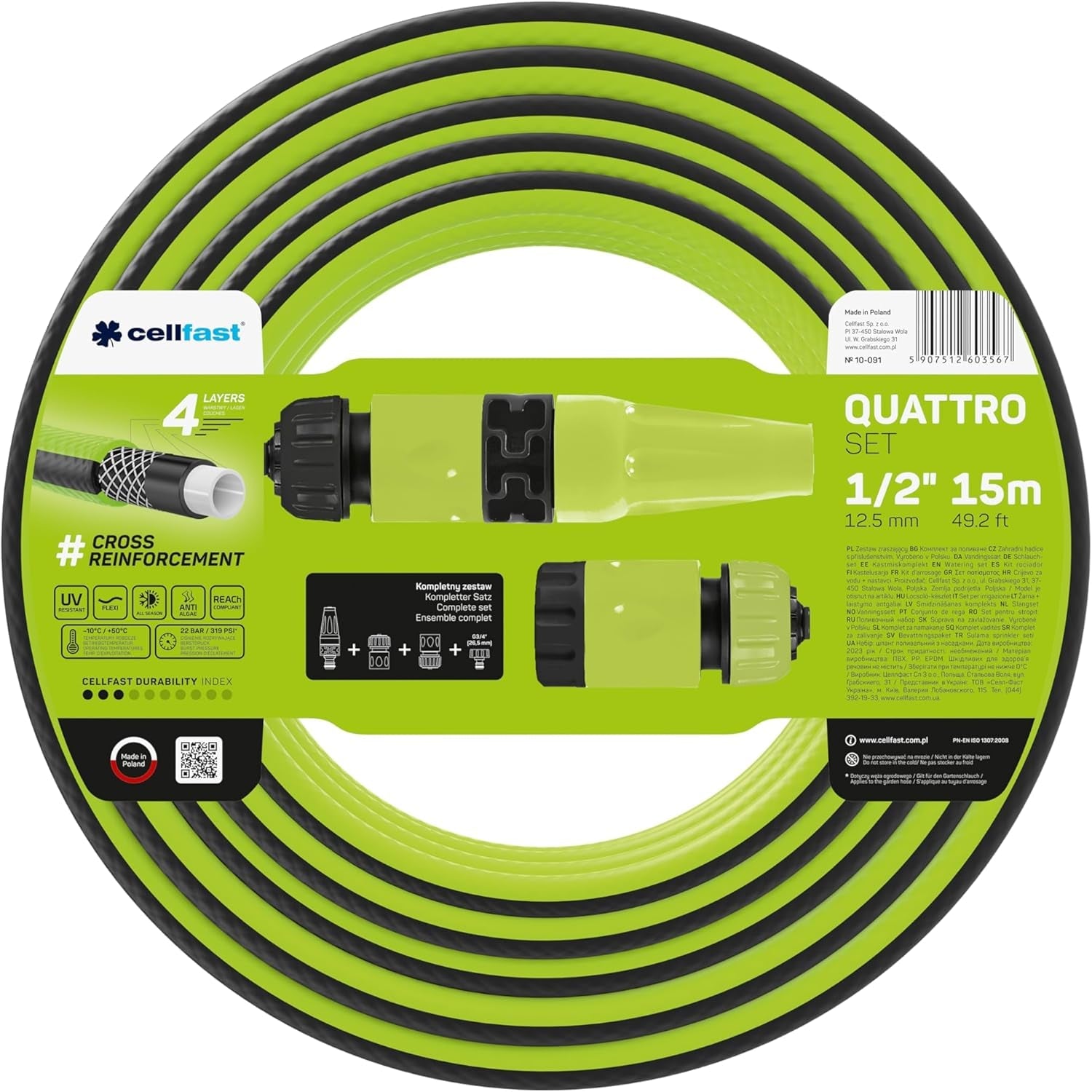 Cellfast QUATTRO Tuinslang Duurzaam Lichtgewicht 4 Ply UV-bestendig Draadslang Kruis Gevlochten 20 Bar 3/4" 15m 10-074