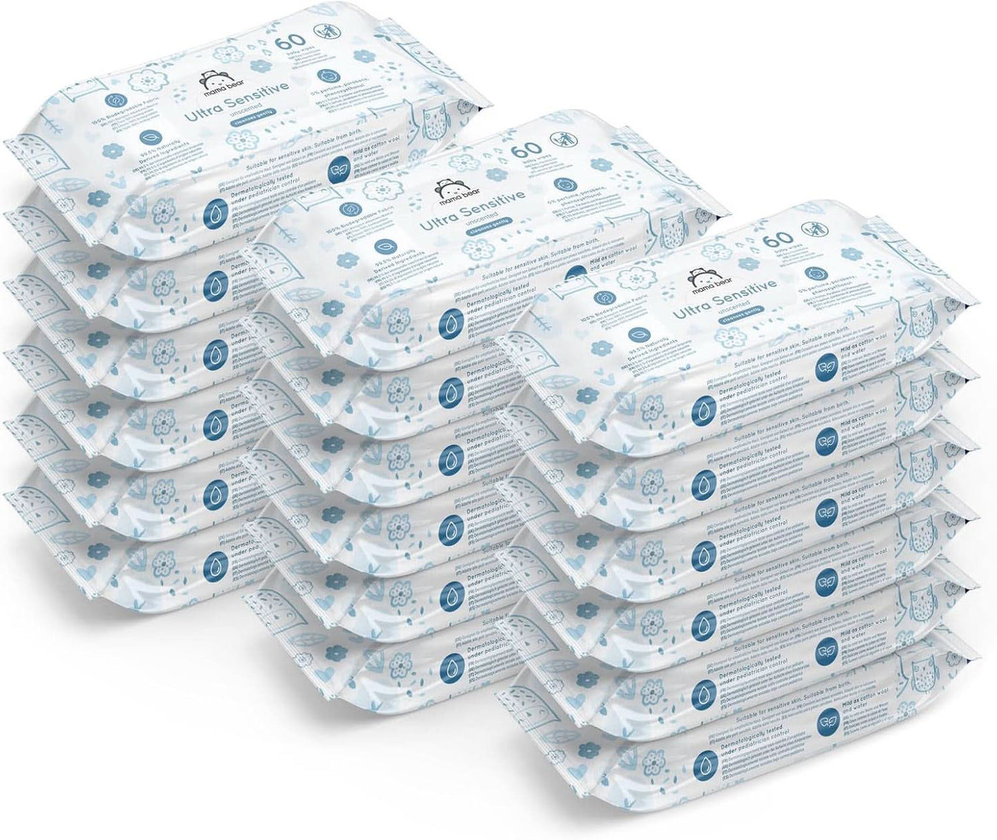 Mama Bear Ultra Sensitive Babydoekjes Geurvrij 1008 Aantal (18 Verpakkingen van 60) Naty Shop