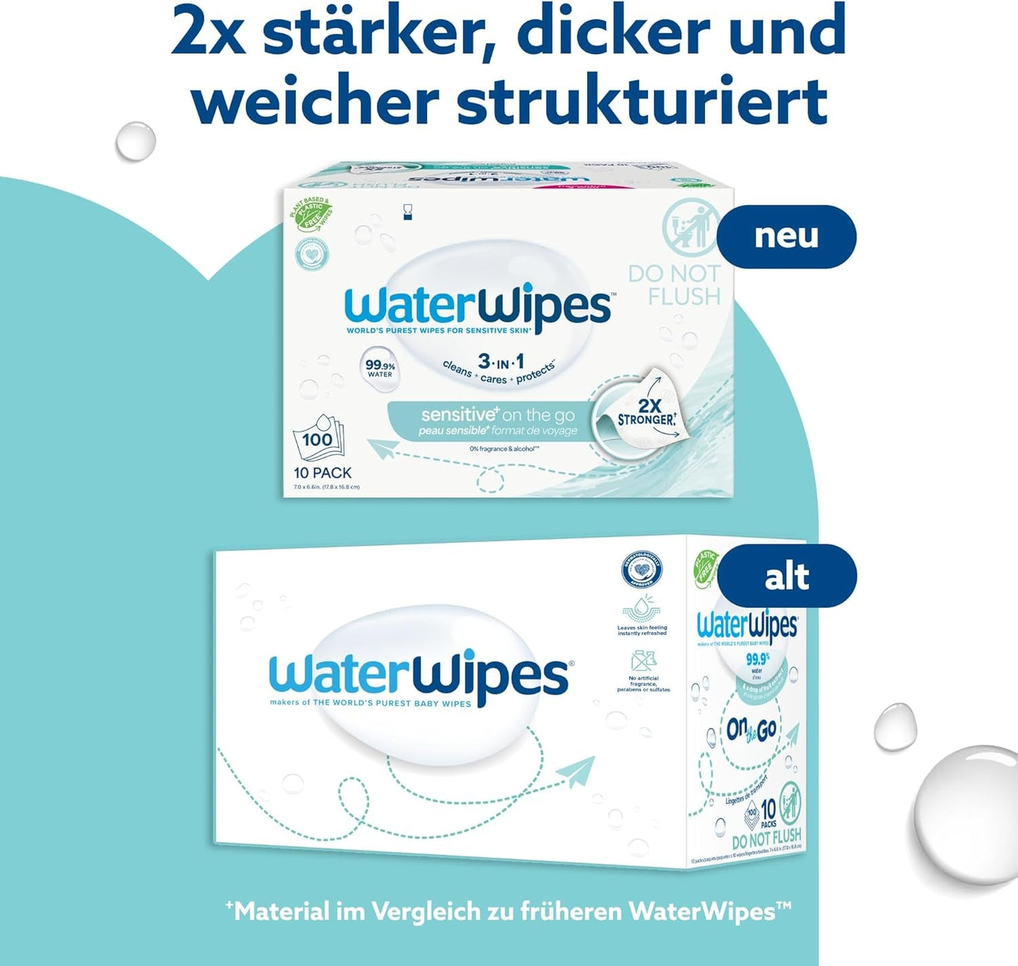 WaterWipes Sensitive+ Vochtige doekjes voor onderweg, 100 doekjes (10 stuks), 3 in 1 Reinigt, verzorgt, beschermt, 99,9% water, geurvrije doekjes