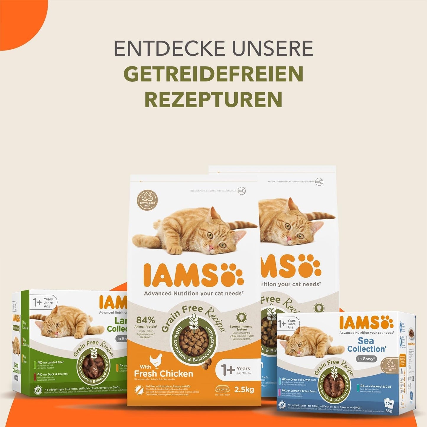IAMS Delights Land Collection Graanvrij nat kattenvoer - Vleesvariatiepakket Multipack Graanvrij natvoer voor katten van 1 jaar en ouder 12 x 85 g