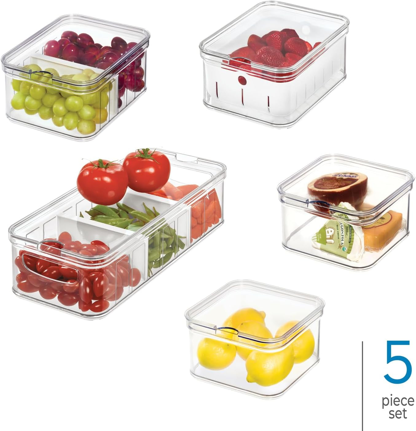iDesign opbergdozen, koelkastorganizer met deksels in een set van 5, gerecyclede plastic voedselopbergdozen voor het organiseren van verbruiksartikelen, helder en wit Naty Shop voedselopbergdozen