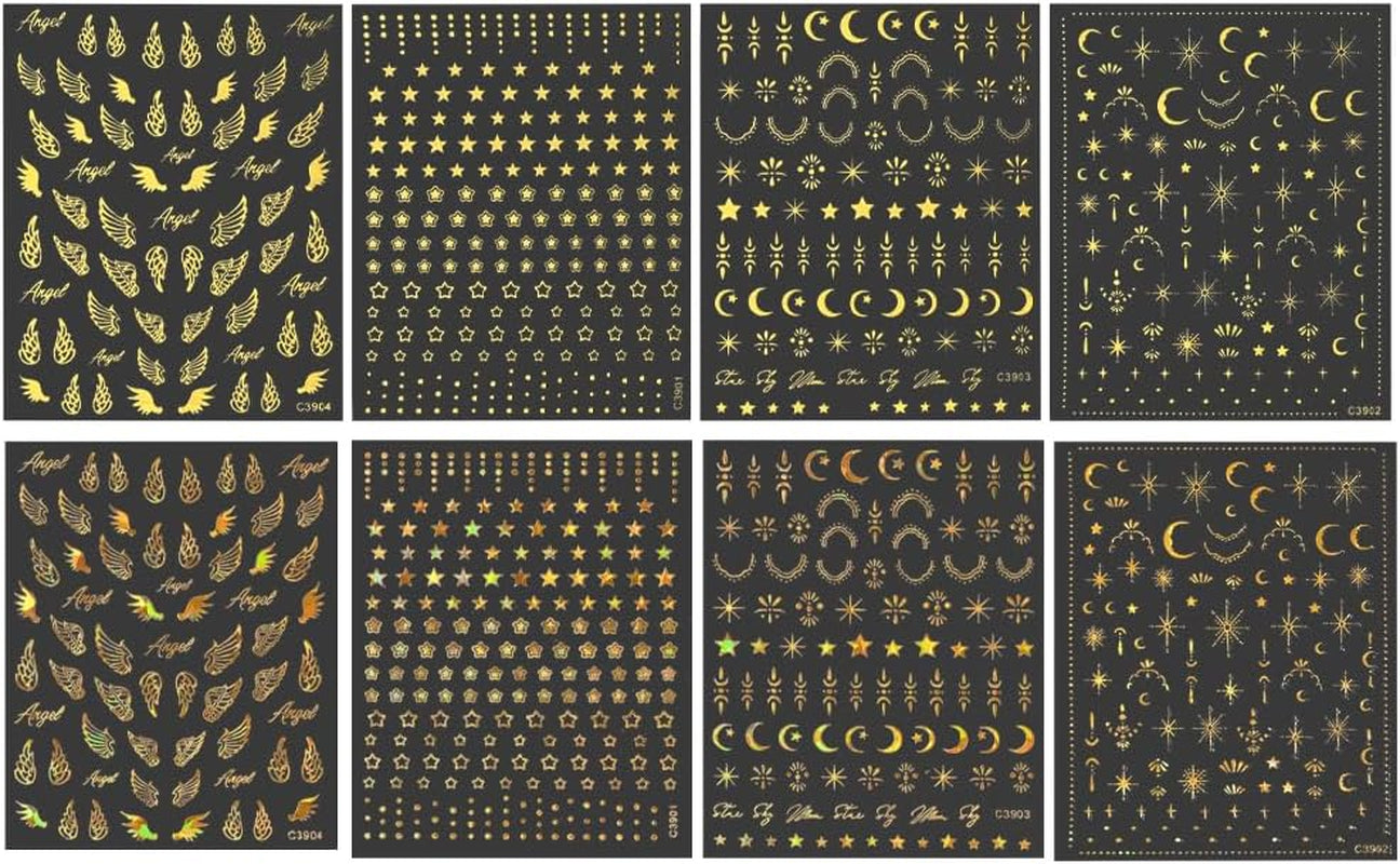 8 vellen gouden maan en sterren nagelkunststickers engelenvleugels bruin gouden nagelstickers sterren nagelfolie zelfklevende nagelstickers nagelontwerpaccessoires nagelstickers