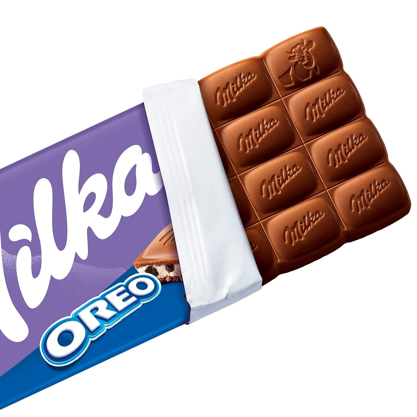 Milka Oreo – Alpenmelkchocolade gevuld met knapperige stukjes Oreo-koekjes en zachte vanillecrème – 100g