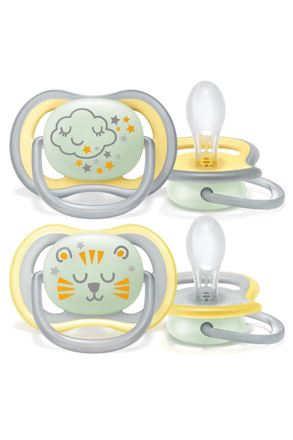 Philips AVENT Ultra Air Nachtfopspeen voor baby's vanaf 18 jaar Glow in the Dark Twin Pack Cloud/Tiger (Model SCF376/01)