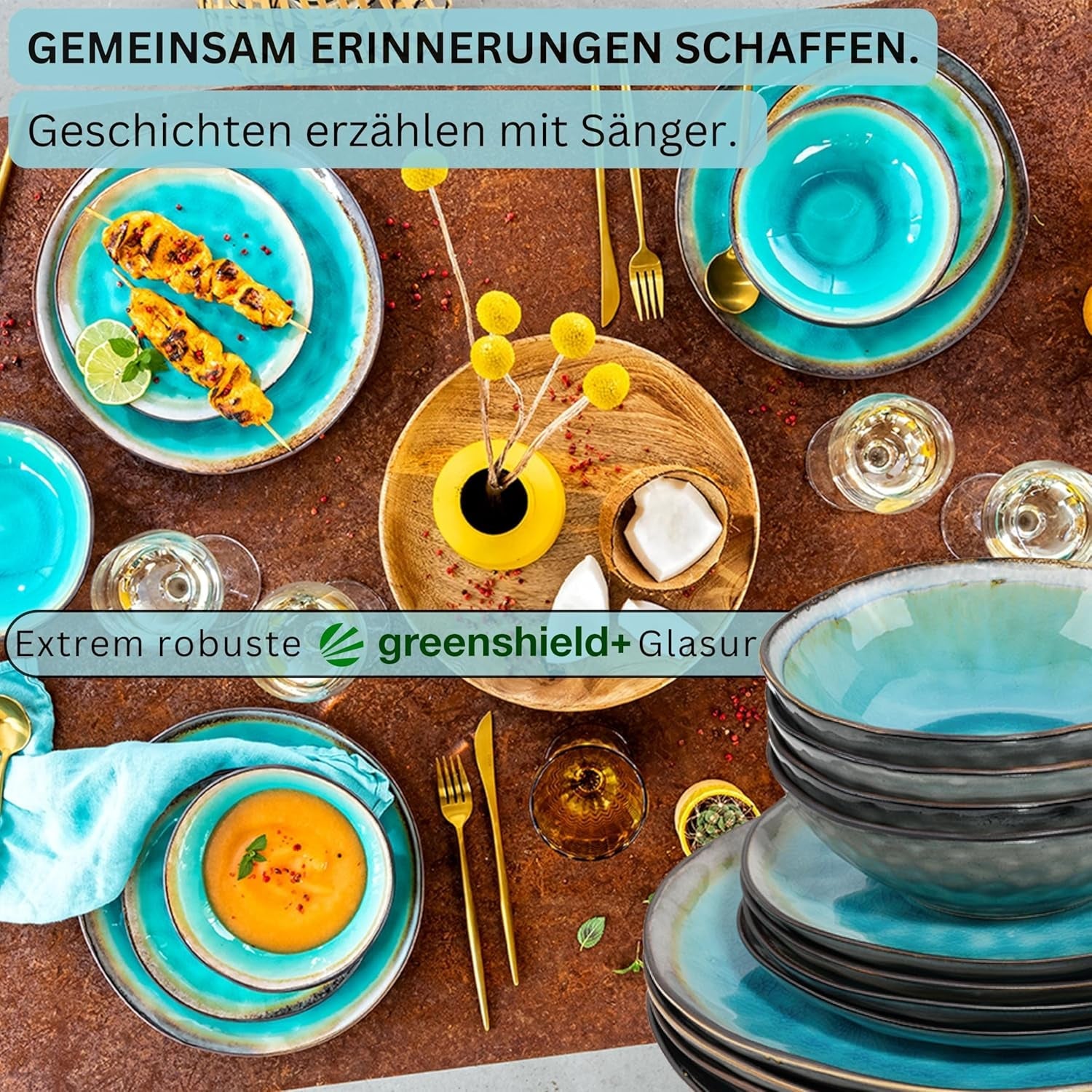 ZANGER | Capri Servies 12-delig Serviesset 4 Persoons Steengoed Servies Inclusief Dinerborden, Dessertborden en Suma Borden Handgemaakt Turquoise Serviesgoed met Grijze Rand | DE PREMIUM COLLECTIE