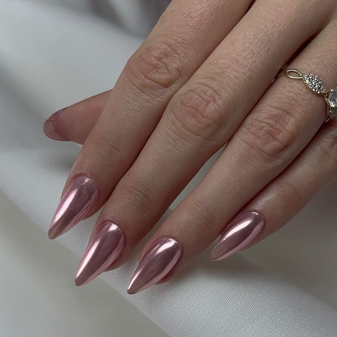 Zelfklevende chroomnagels - Medium amandelbruin Glitterlijm op nagels Glitter nepnagels Lijm op kunstnagels Geglazuurde acrylnagels voor dames 24 stuks