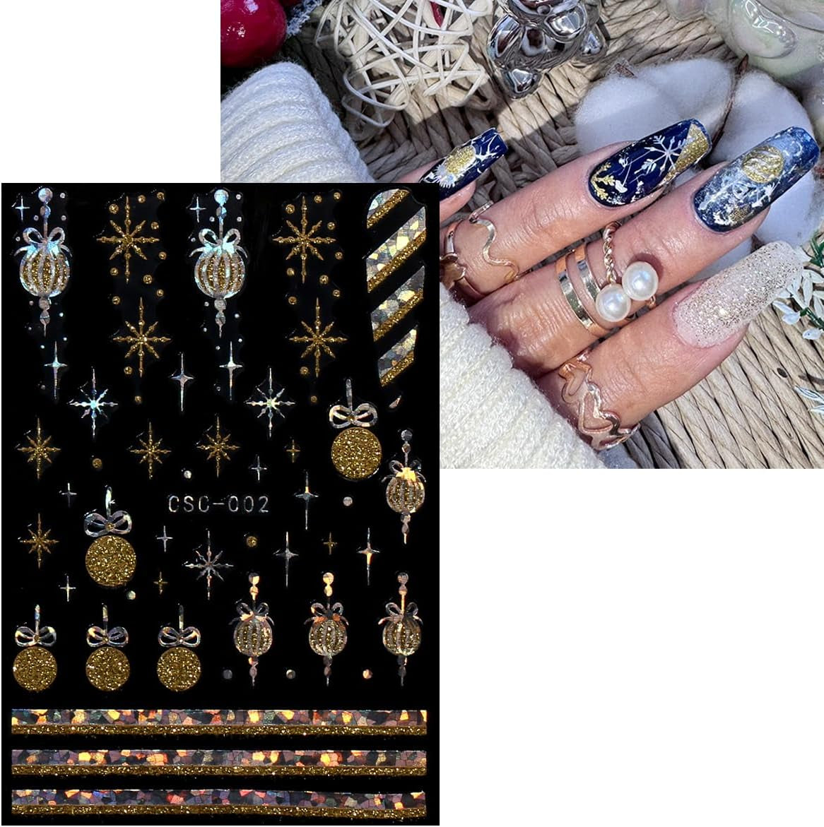 JMEOWIO Nagelsticker Weihnachten Gold Glitter Silber 8 Blatt Nail Art Sticker Selbstklebend Nagelaufkleber Schneeflocke Winterurlaub Decoratie Nageldesign Zubehör