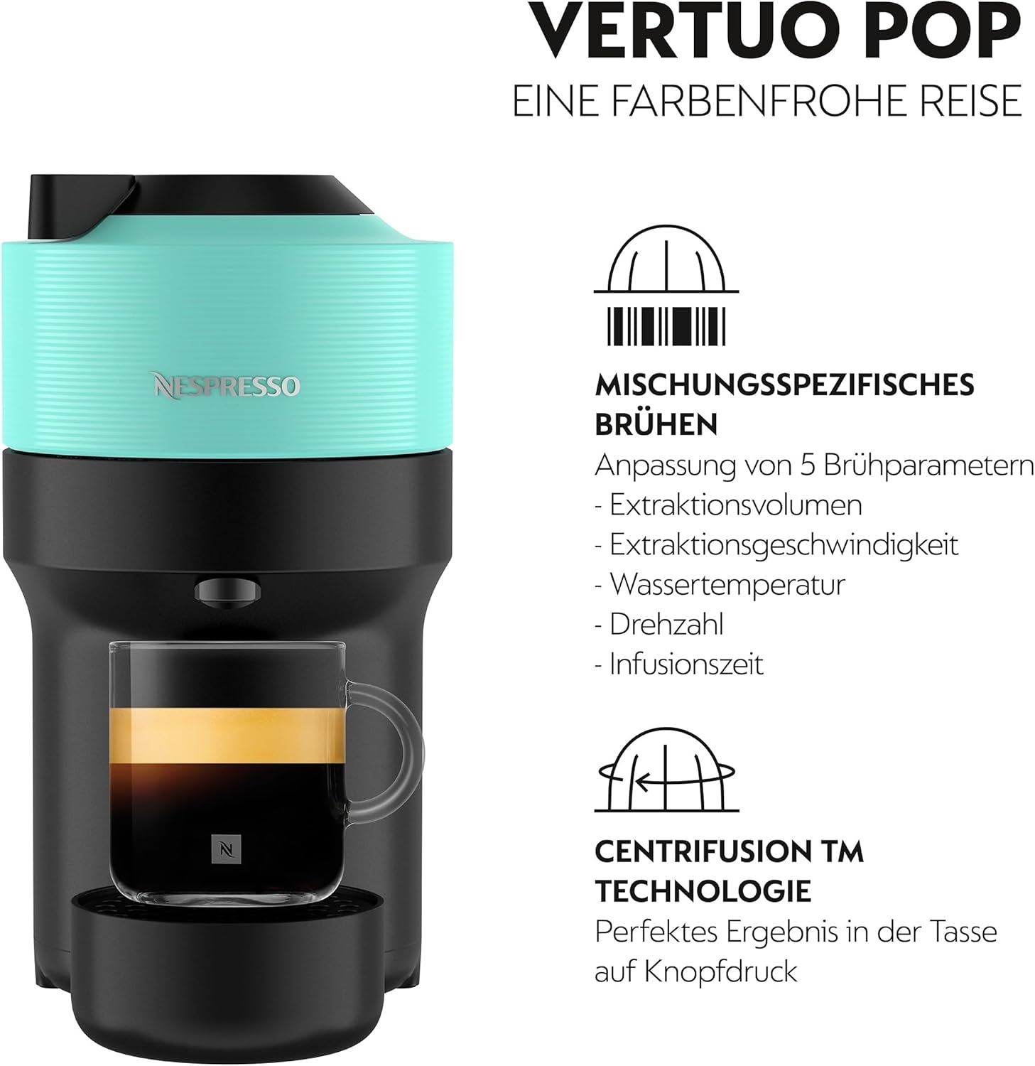 Espressomachine met Nespresso Krups Vertuo Pop capsules, inhoud: 560 ml, automatische capsuleherkenning, one-touch systeem, 4 kopgroottes, verkorte opwarmtijd, duurzaam, Aqua Mint, XN9204