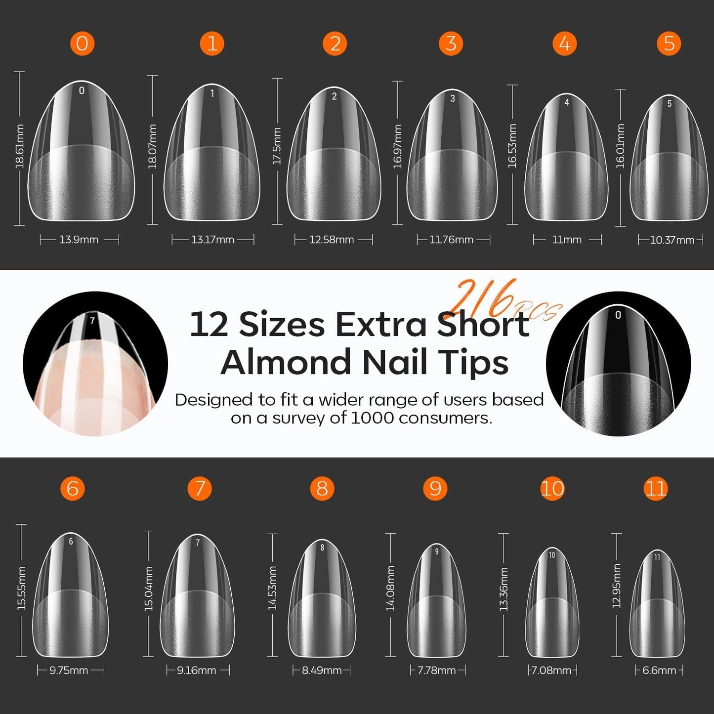Modelones nageltips 216 stuks - volledige dekking nageltips set, zachte gel tips set, pre-polijsten PMMA hars nageltips, doe-het-zelf lijm op nail art kunstnagels, korte amandelen XS
