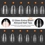 Modelones nageltips 216 stuks - volledige dekking nageltips set, zachte gel tips set, pre-polijsten PMMA hars nageltips, doe-het-zelf lijm op nail art kunstnagels, korte amandelen XS
