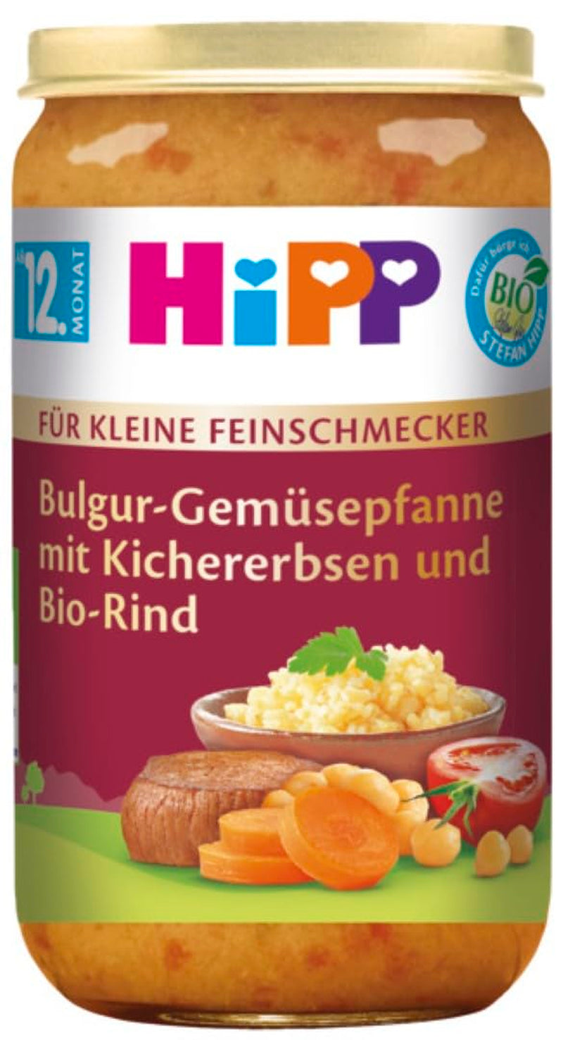 HiPP voor kleine fijnproevers Bulgur met groenten Roerbak met kikkererwten en biologisch rundvlees (6 x 250 g), vanaf 12 maanden, met Omega-3, van de beste biologische kwaliteit