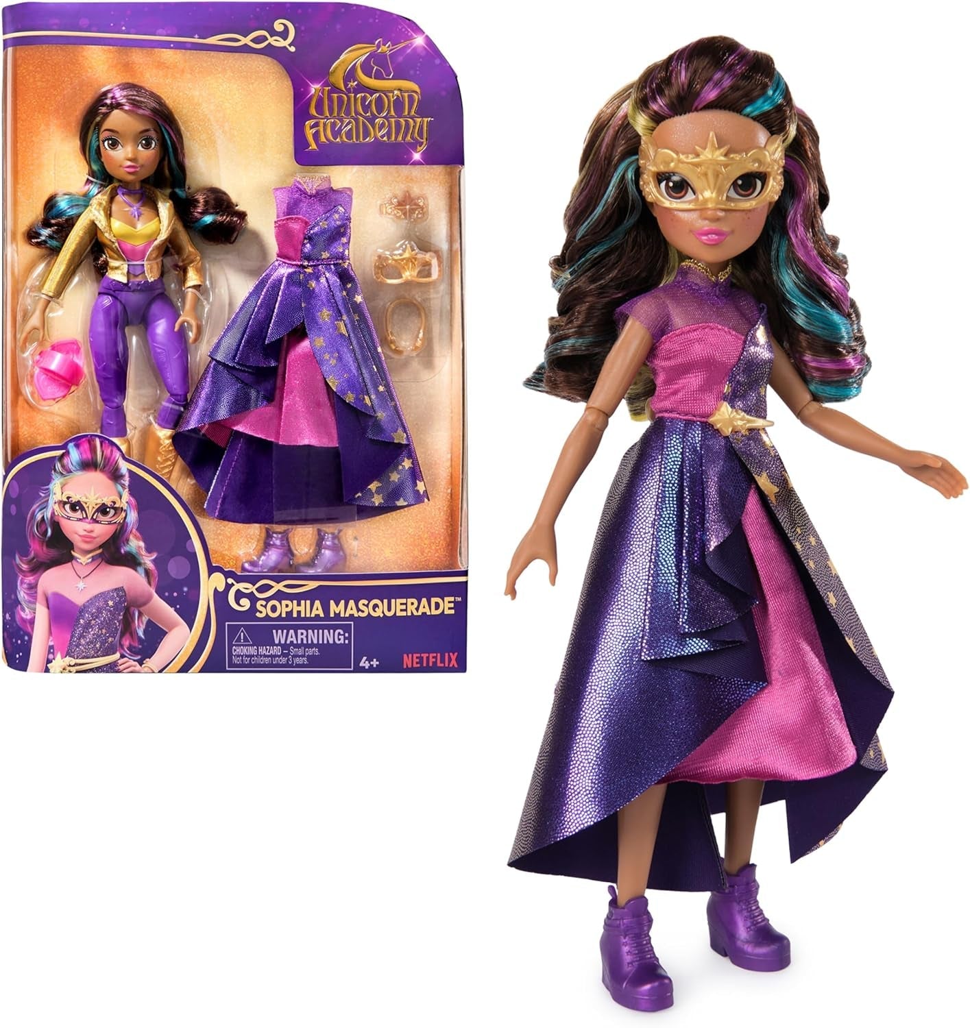 Unicorn Academy Deluxe Maskeradebal - Sophia Original pop uit de populaire Netflix-serie, 24 cm hoog, met 2 outfits en accessoires, vanaf 4 jaar