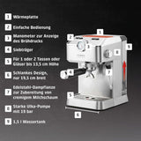 Caso Espresso Gourmet - Espressomachine met portafilter van roestvrij staal, krachtige Ulka-pomp van 19 bar, met melkopschuimer, voor gemalen koffie of ESE-koffiecapsules, voor 2 kopjes, met kopjeswarmer