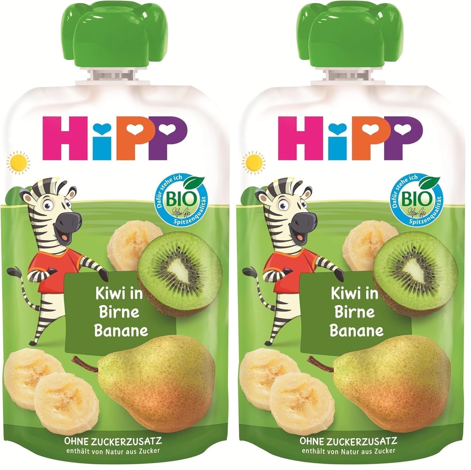 HiPP Bio Quetschie Kiwi in Birne-Banaan - Charlie Zebra (8 x 100g), ab 1 Jahr, 100% Fruchtpüree, ohne Zuckerzusatz, veganistisch, in de beste Bio-Qualität (Packung mit 2)