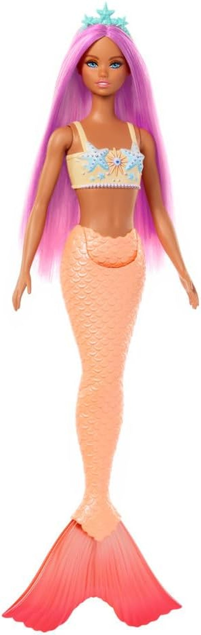 Zeemeermin-Barbiepop met prachtig roze haar en hoofdband, pop met zeesterrenhoofd en zachte oranje staartvin, HRR05