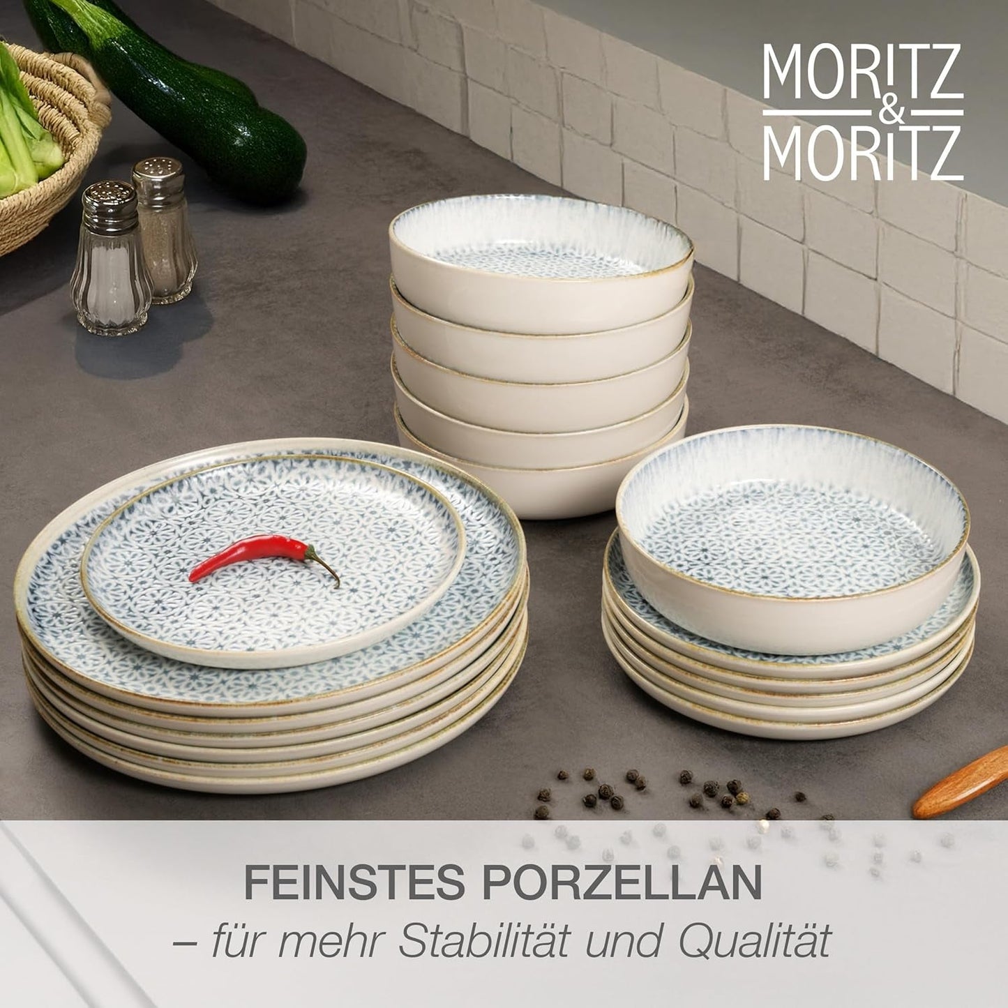 Moritz & Moritz ALHAMBRA serviesset voor 6, 18-delig, hoogwaardig porselein - modern blauw servies - onderhoudsvriendelijk set inclusief 6 dinerborden, 6 dessertborden en 6 kommen