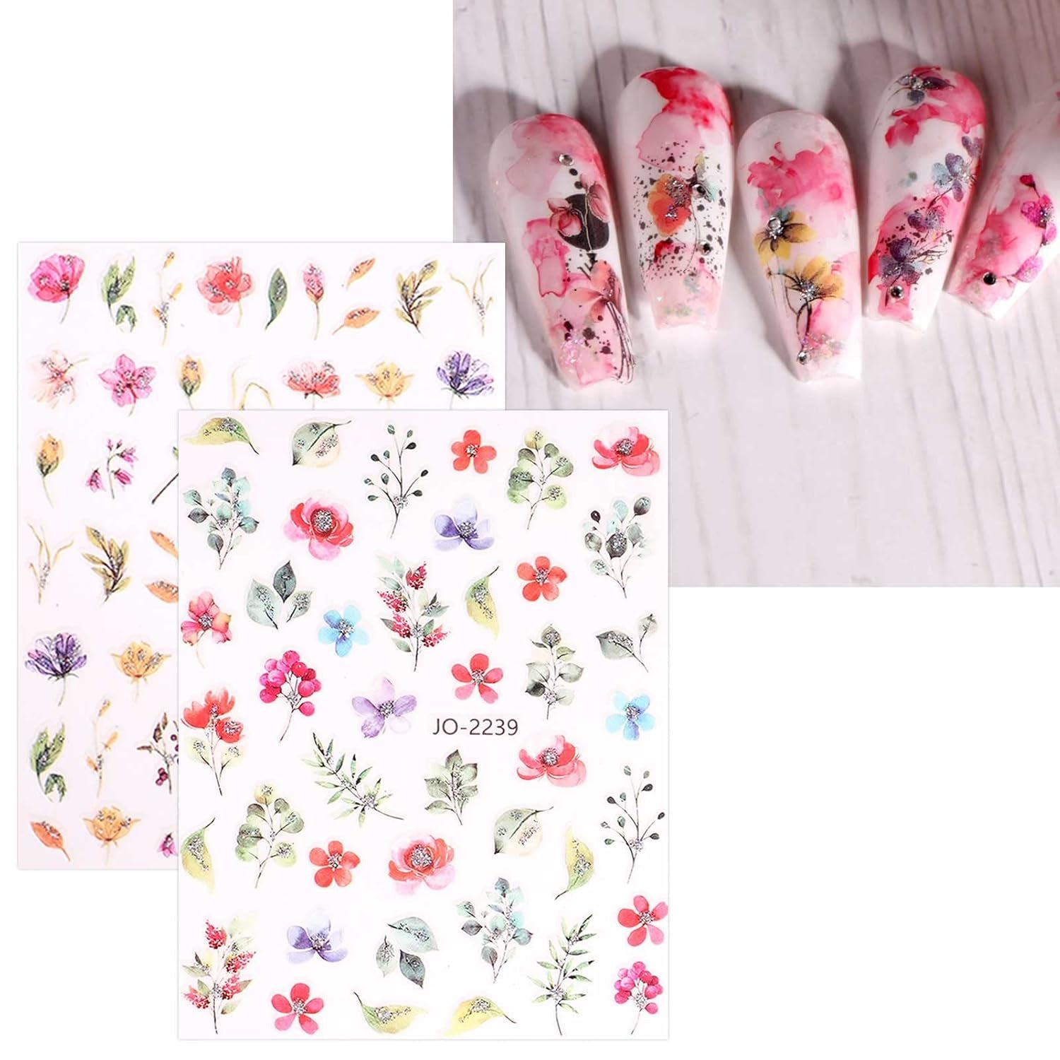 JMEOWIO Nagelsticker Frühling Blume 12 Blatt Nail Art Sticker Selbstklebend Nagelaufkleber Blätter Decoratie Nageldesign Zubehör