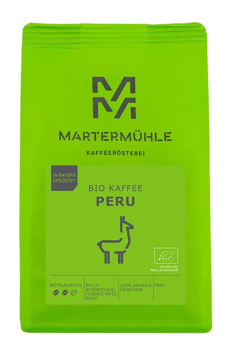 Martermühle Peru Bio Kaffeebohnen 1kg mittelkräftig I Arabica I Aroma: Melkchocolade, Bloemige noten, Noten I Ganze Bio Kaffee-Bohnen schonend geröstet, säurearm