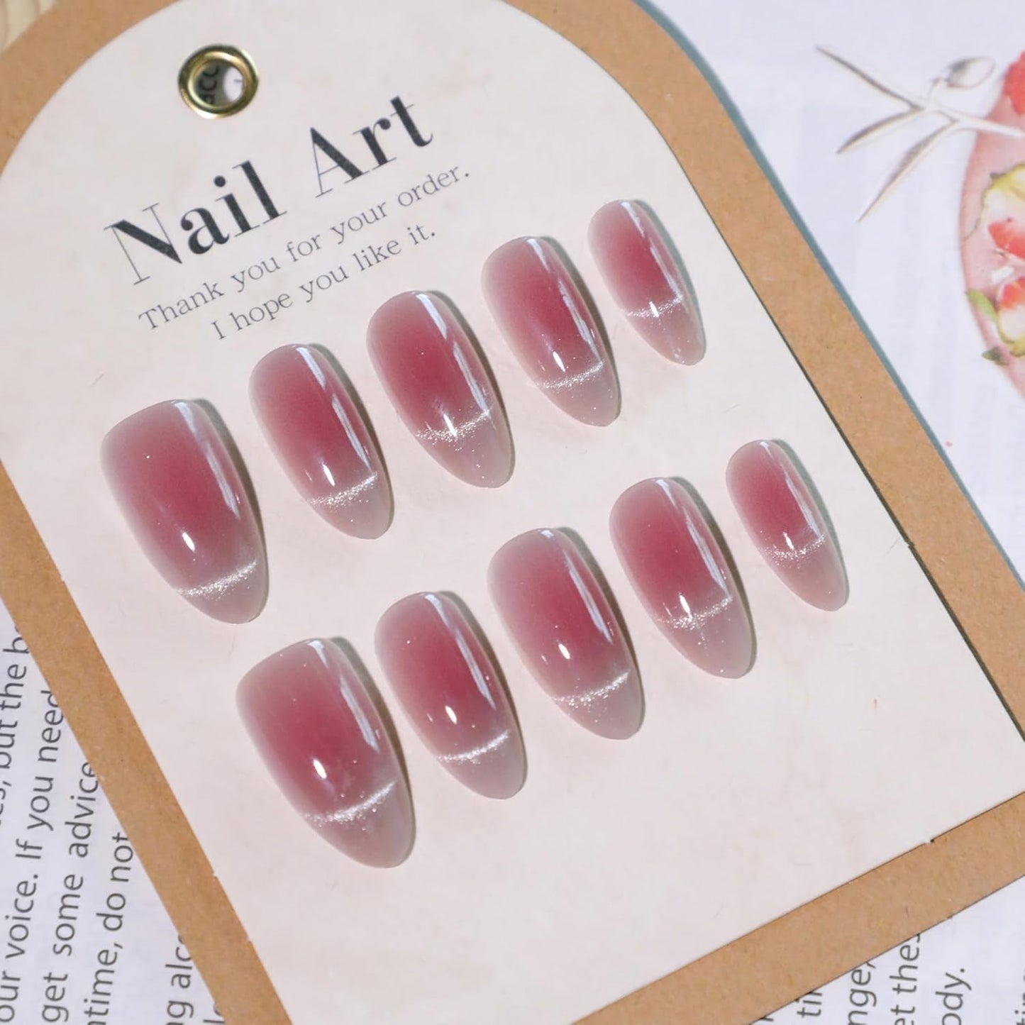 Moonglow korte magnetische kunstnagels, roze amandelrood gradiënt glitter kattenoog met lijm, roze rode ombre glitter fototherapie kunstnagels voor dames en meisjes
