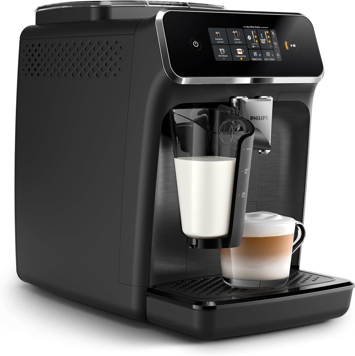 PHILIPS automatische espressomachine 2300 serie - 4 dranken, modern kleurentouchscreen, LatteGo melkbereidingssysteem, SilentBrew, 100% keramische molen, AquaClean filter. Matzwart (EP2330/10)