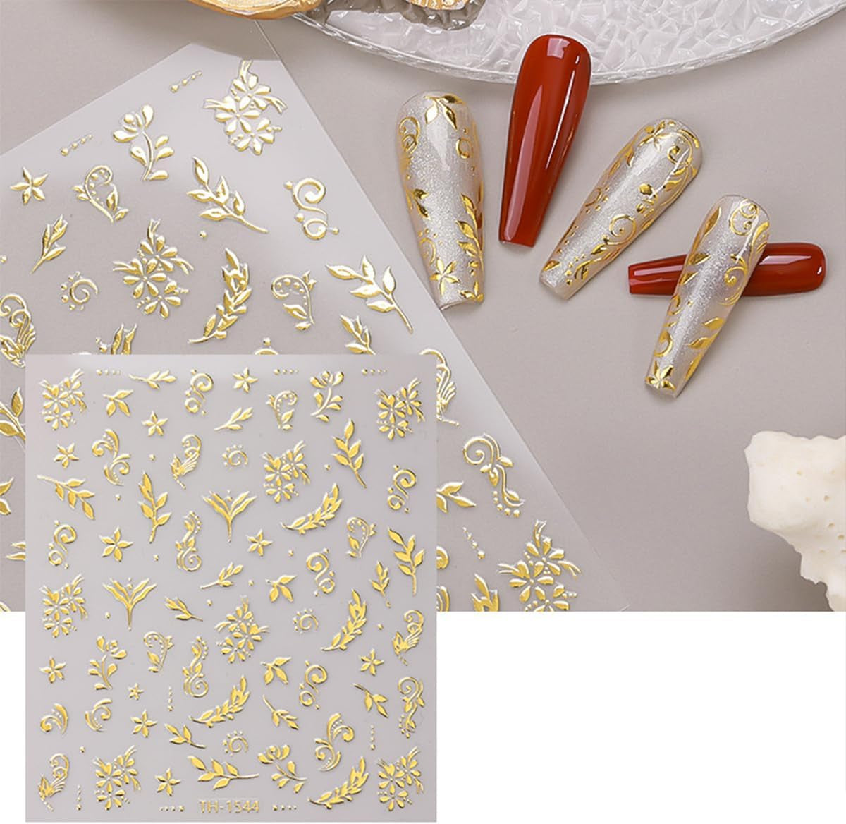 JMEOWIO Nagelsticker Goldene Blumen 8 Blatt Nail Art Sticker Selbstklebend Nagelaufkleber Decoratie Nageldesign Zubehör