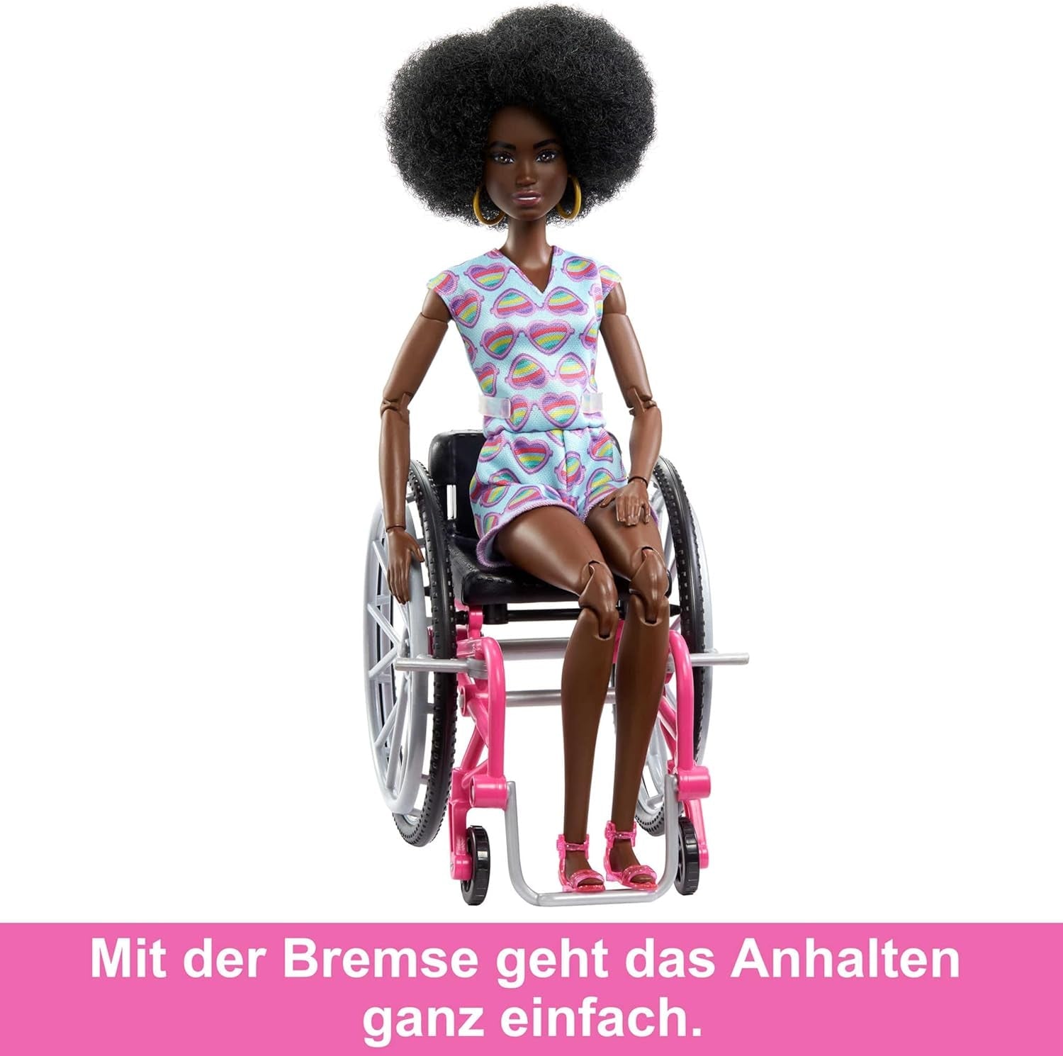 Barbie Fashionistas Zwart Haar Kleurrijke Jumpsuit Rolstoelhelling Rolstoelpop Inbegrepen Kindercadeau Speelgoed Leeftijd 3+ HJT14