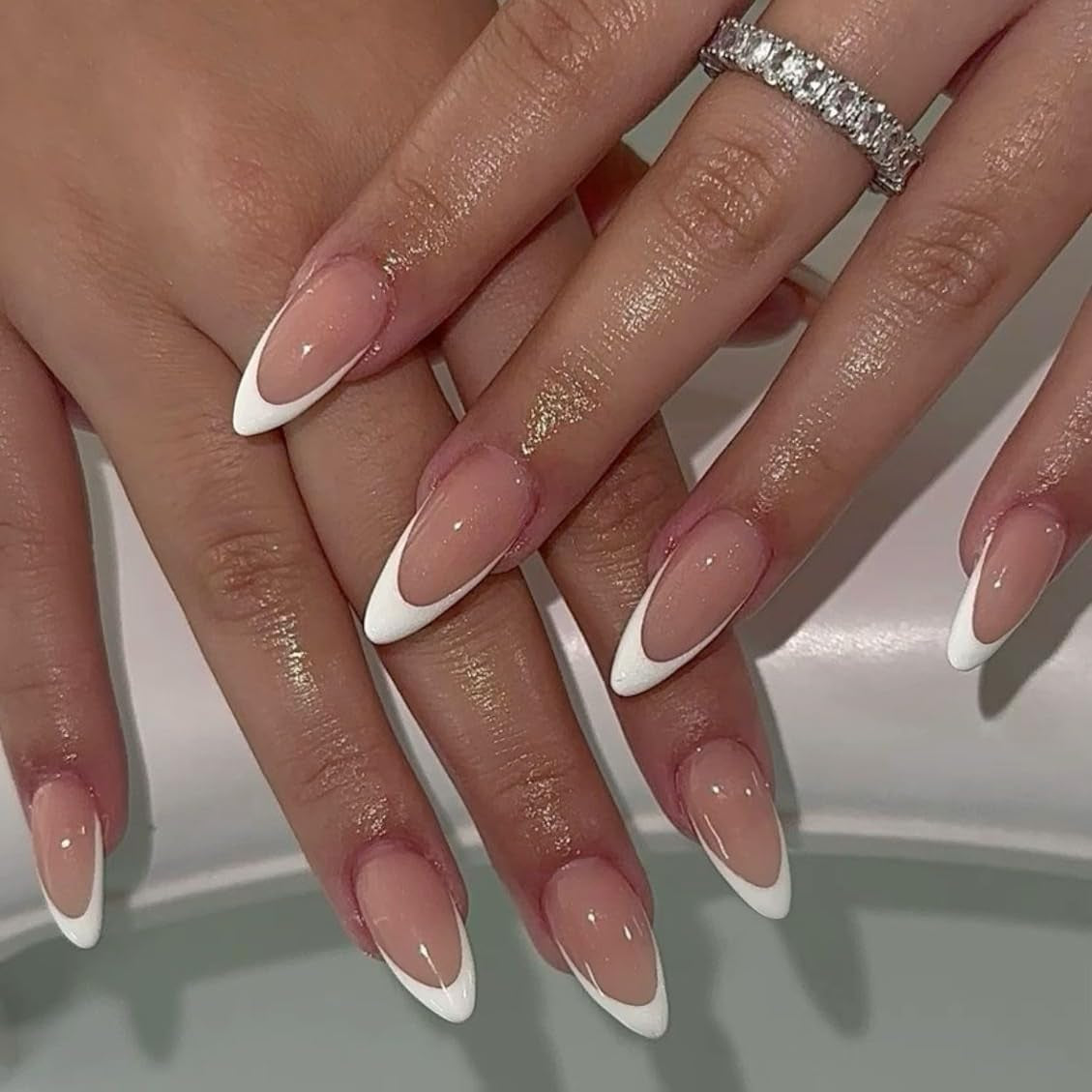Lange Franse tips Gouden glitterlijm op lange vierkante nagels Glitter Franse tip Kunstnagels Set Vierkante kunstnagels voor dames 24 stuks