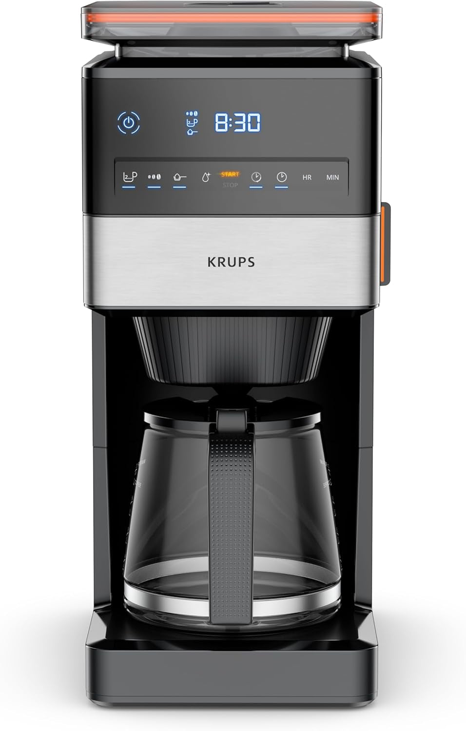 KRUPS Grind Aroma XL espressomachine, afneembare conische molen, digitaal bedieningspaneel, XL-capaciteit (1,5 l), warmhoudfunctie, glazen karaf, zwart/roestvrij staal, KM842810