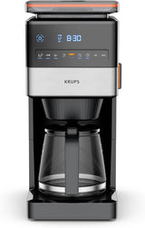 KRUPS Grind Aroma XL espressomachine, afneembare conische molen, digitaal bedieningspaneel, XL-capaciteit (1,5 l), warmhoudfunctie, glazen karaf, zwart/roestvrij staal, KM842810