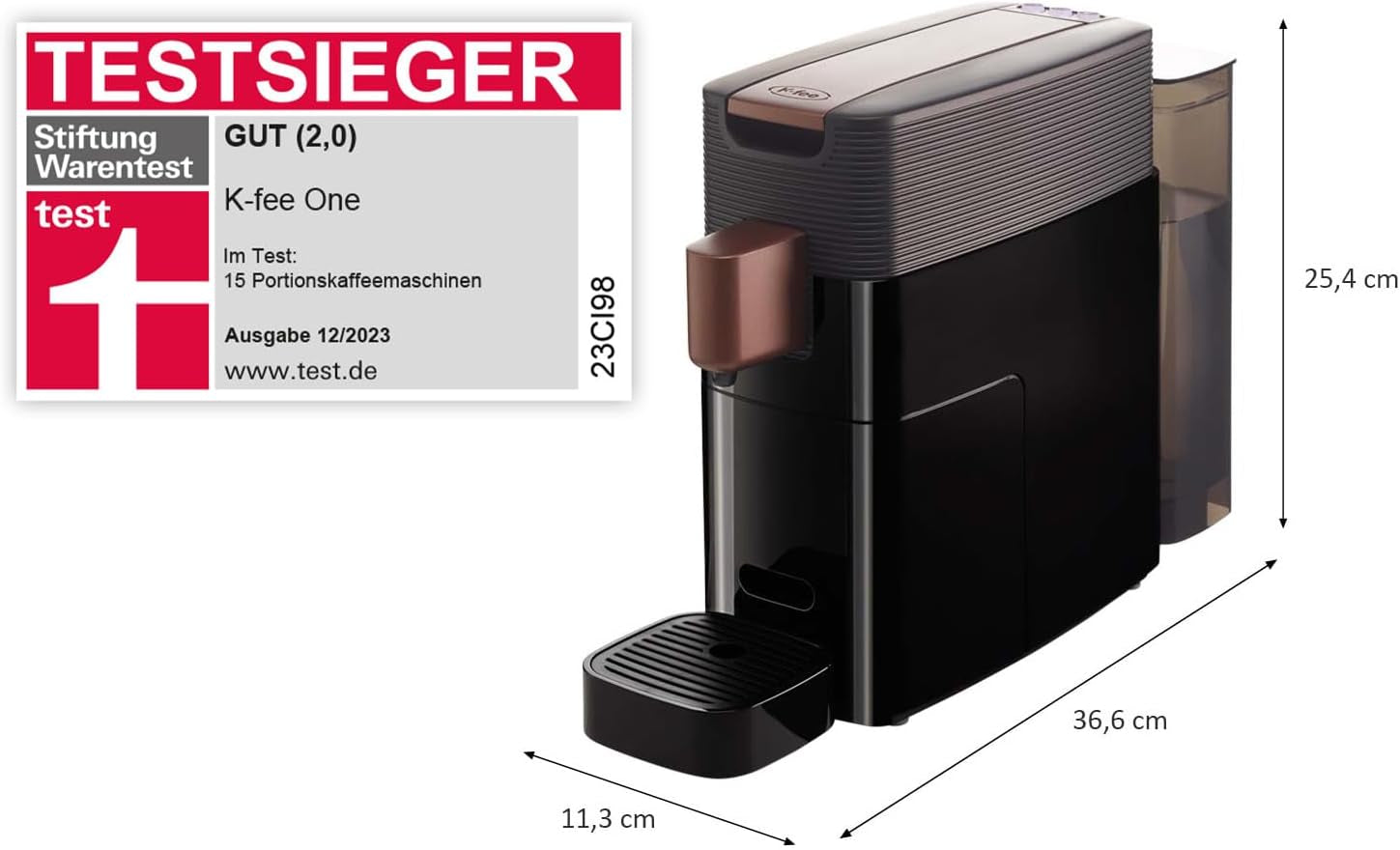 Espressomachine met K-FEE ONE capsules voor koffie, thee en cacao | Compacte espresso | Snelle verwarming | Watertank van 0,8 l | 19 maten | Zwart koper | Stiftung Warentest 2023-testwinnaar