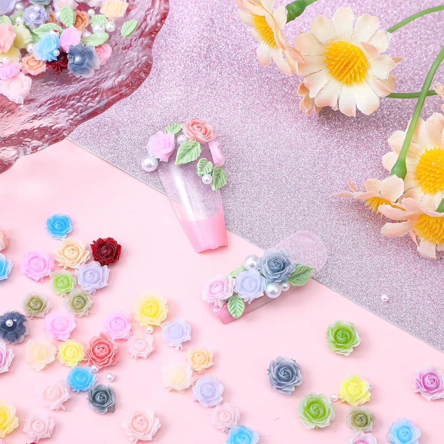 300 Stück Niedlich Blume Nail Charms, 3D Resin Floral Camelie Rose Nägel Charms Mit Perle, Gemischt Grote Bunte Flower Nägel Deko voor Frauen Nail Art Zubehör