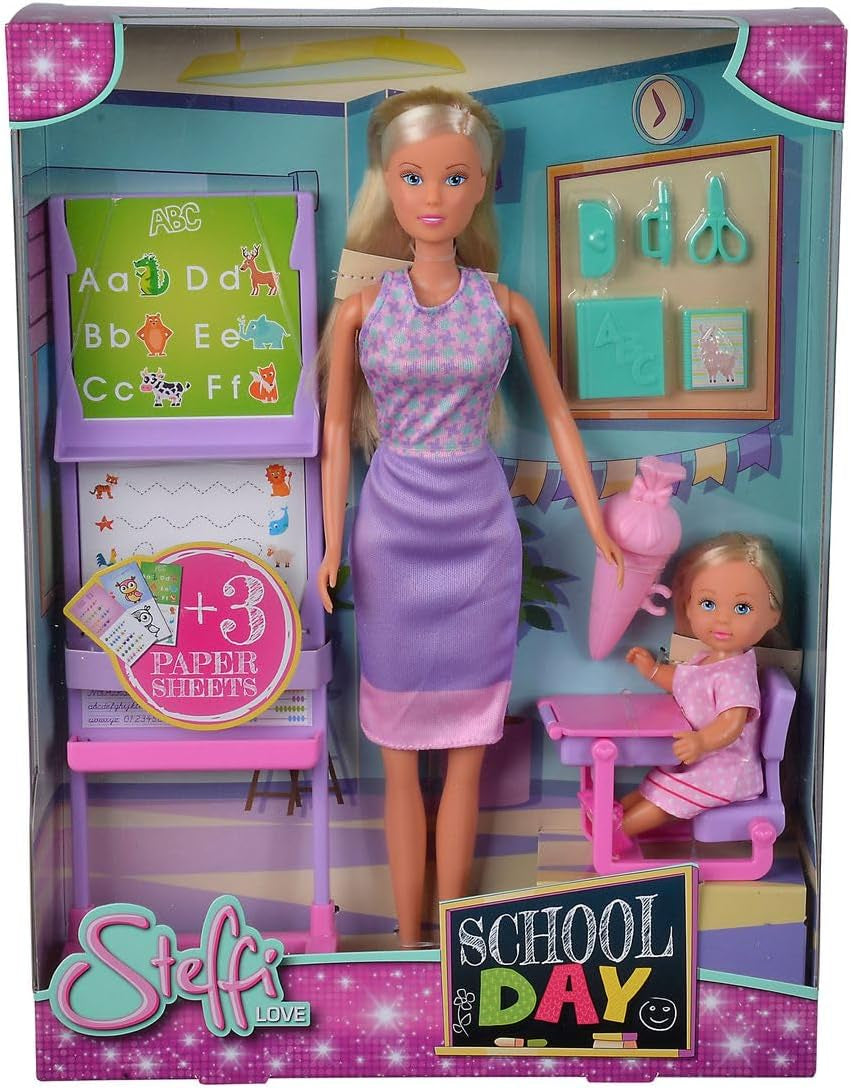 Simba Steffi Love School Day Teacher en Evi Student aankleedpop met schoolbord, drie verwisselbare schoolbordweergaven, stoel met openingstafel, 29 cm, vanaf 3 jaar