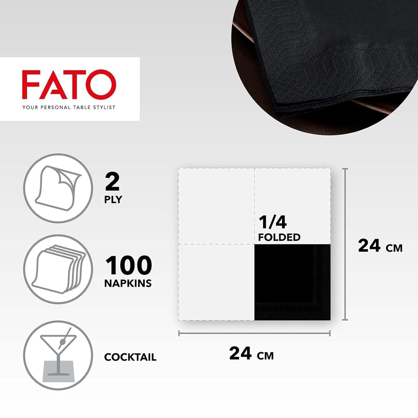 - Papieren wegwerpservetten, ideaal voor hapjes en cocktails, verpakking van 100 servetten, maat 24X24, 4-voudig, 2-laags, zwarte kleur, 100% puur cellulosepapier, Fsc-gecertificeerd