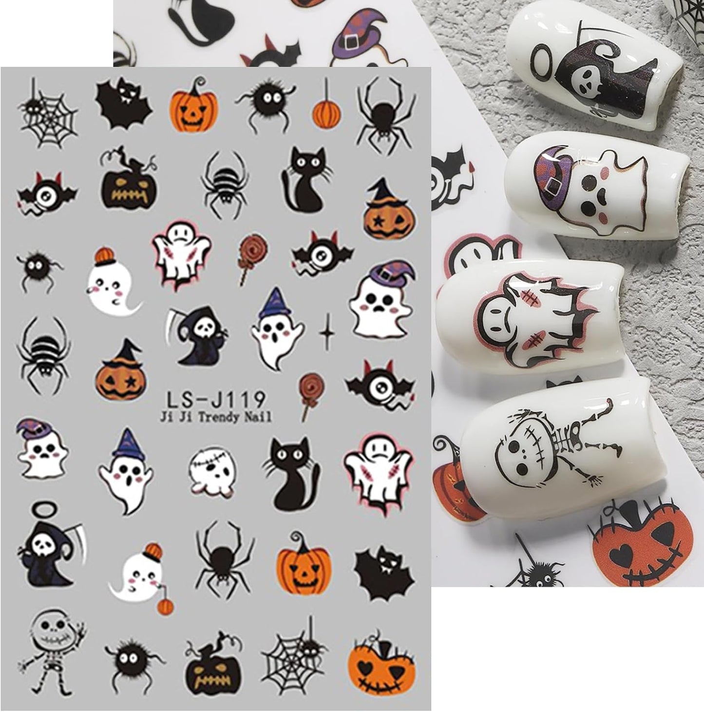 JMEOWIO Nagelsticker Halloween Süßer Geisterkürbis 9 Blatt Nail Art Sticker Selbstklebend Nagelaufkleber Decoratie Nageldesign Zubehör