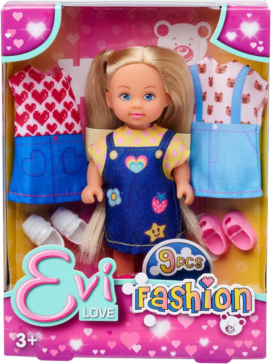 Simba Evi Love-modepop in schattige spijkerjurk, inclusief twee andere outfits met schattige prints en sneakers, 12 cm, vanaf 3 jaar