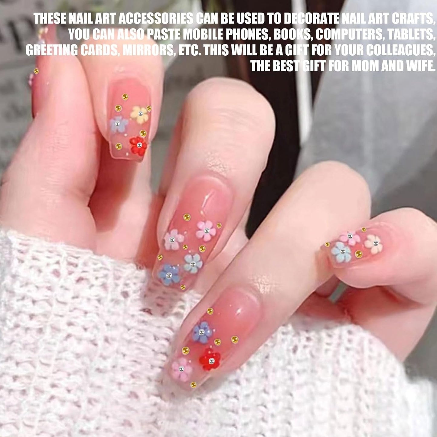 3D bloem nagelbedels, 12 rasters acrylhars bloem en goud zilveren kralen nagelstenen, bloem gelnagels, bloem nageldecoraties voor vrouwen en meisjes, doe-het-zelf-manicure-accessoires