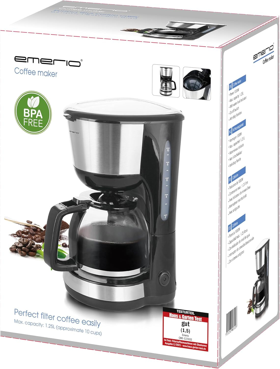 Emerio CME-122933, Filterkoffiezetapparaat, 1,25L voor maximaal 10 koppen verse koffie, permanent uitneembaar filter, antidruppelfunctie, glazen karaf, automatische uitschakeling, 1000 watt, zwart/zilver