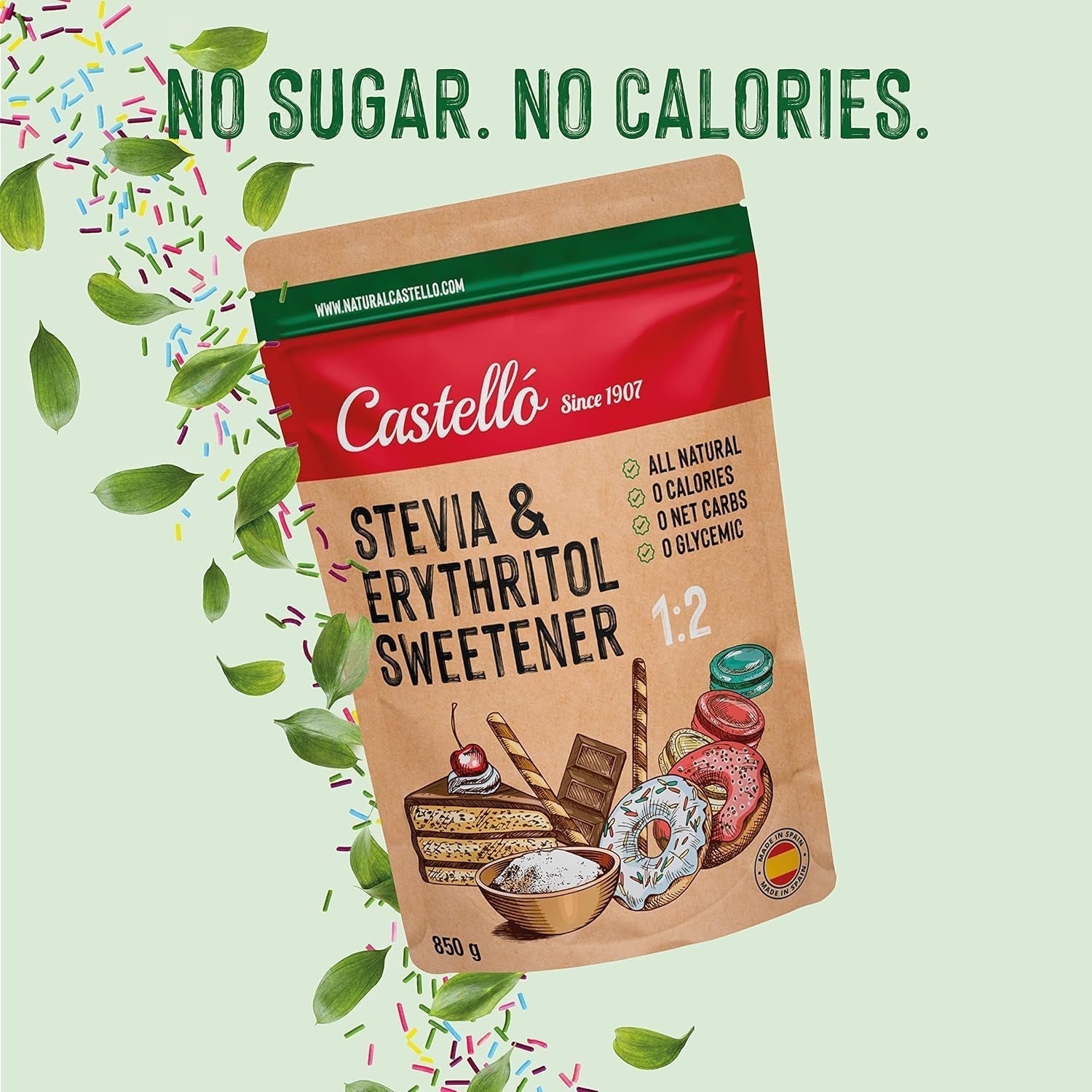Stevia + Erythritol 1:2 Süßstoff | 1G = 2G Zucker | 100% Natürlicher Zuckerersatz - 0 Kalorien - 0 Glykämischer Index - Keto en Paleo - 0 Netto-Kohlenhydraat - Kein GVO - Castello sinds 1907 - 850 G Zoetstoffen Naty Shop