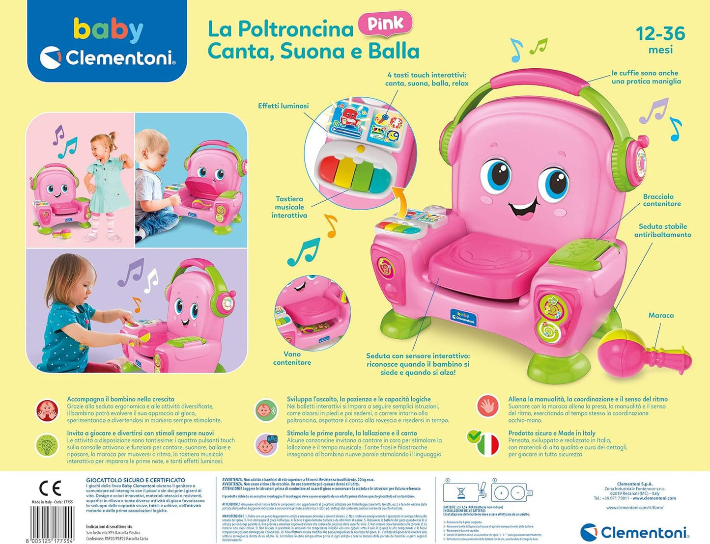 Clementoni 17755 Zingende fauteuil met roze geluid en dans - interactieve en multifunctionele fauteuil voor kinderen in het Italiaans, speelgoed 1 jaar - Made in Italy, veelkleurig Speelgoed Bebe Naty Shop