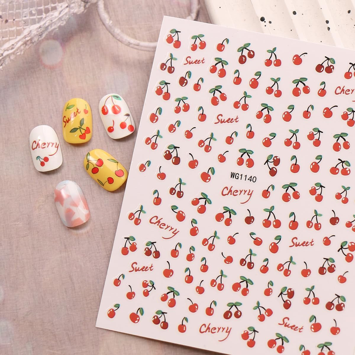 JMEOWIO Nagelsticker Kirschfrucht 6 Blatt Nail Art Sticker Selbstklebend Nagelaufkleber Decoratie Nageldesign Zubehör