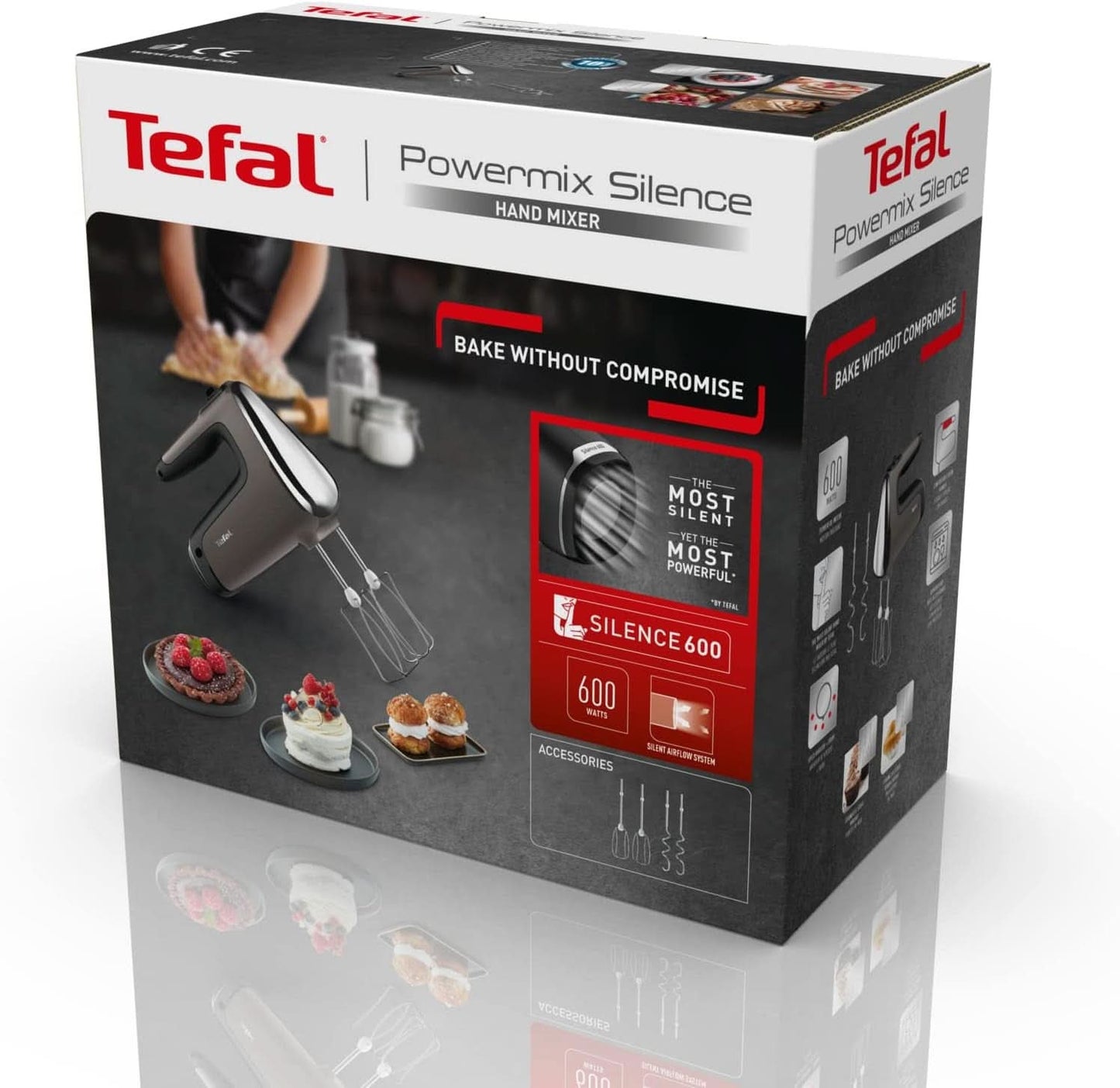 Tefal HT650E Power Mix Silence Handmixer | 600 Watt | Variabele snelheidsregelaar | Turbo- en Auswurf-functie | Extreme vrijetijdsmotor | Incl. 2 Rührbesen en 2 Knethaken | Tarwekeuken Naty Shop