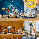 LEGO 31142 Creator 3-in-1 ruimteachtbaan speelgoedset voor kinderen met werkende karren, kan worden omgebouwd tot een vrije val-toren of carrousel met raketten en gloeiende stenen Bouwsets