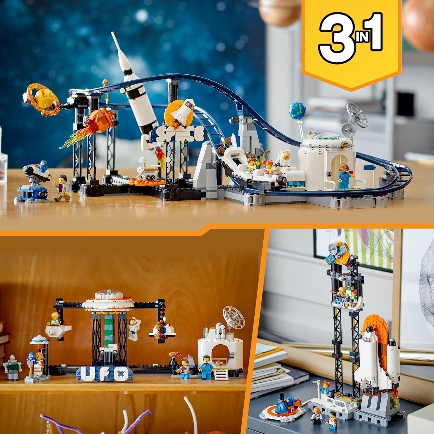 LEGO 31142 Creator 3-in-1 ruimteachtbaan speelgoedset voor kinderen met werkende karren, kan worden omgebouwd tot een vrije val-toren of carrousel met raketten en gloeiende stenen Bouwsets